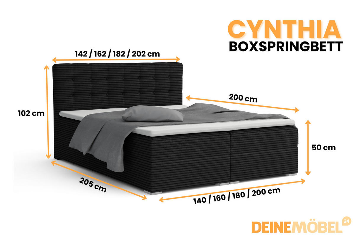 BOXBETT CYNTHIA 200/200 in Cord Schwarz H4 - Schwarz, Holz/Holzwerkstoff (200/200cm) - Deine Möbel 24