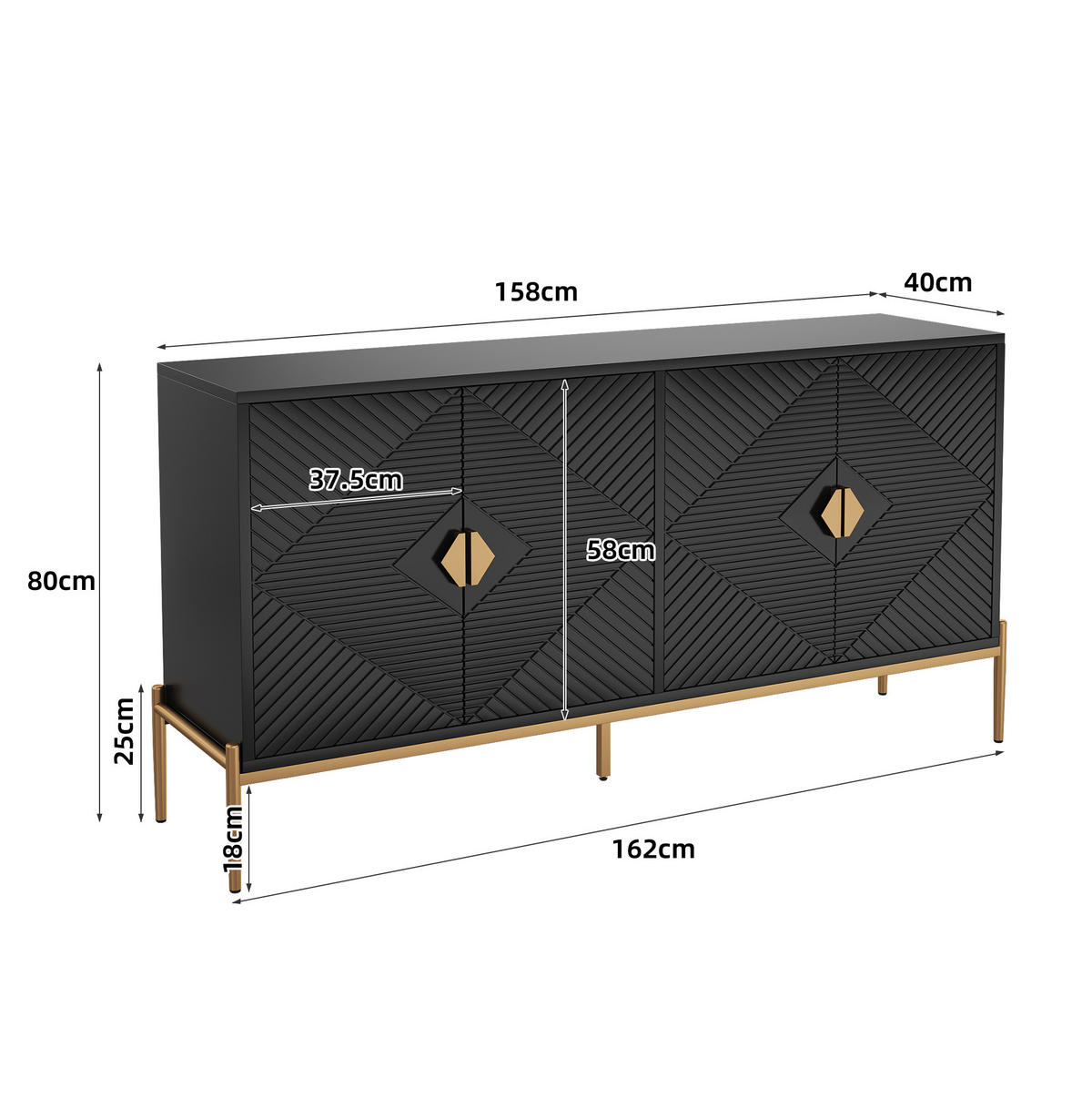 KOMMODE aus MDF & Spanplatte 162x40x80cm in Schwarz - Schwarz, Holzwerkstoff (162/80/40cm) - Modfu
