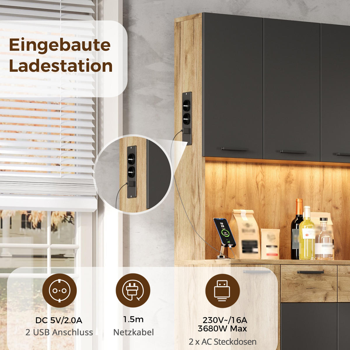 BUFFET DE-38704 100/40/180 cm LED-Beleuchtung und Steckdose Natur - Naturfarben, Holzwerkstoff (100/180/40cm) - ComfortXL