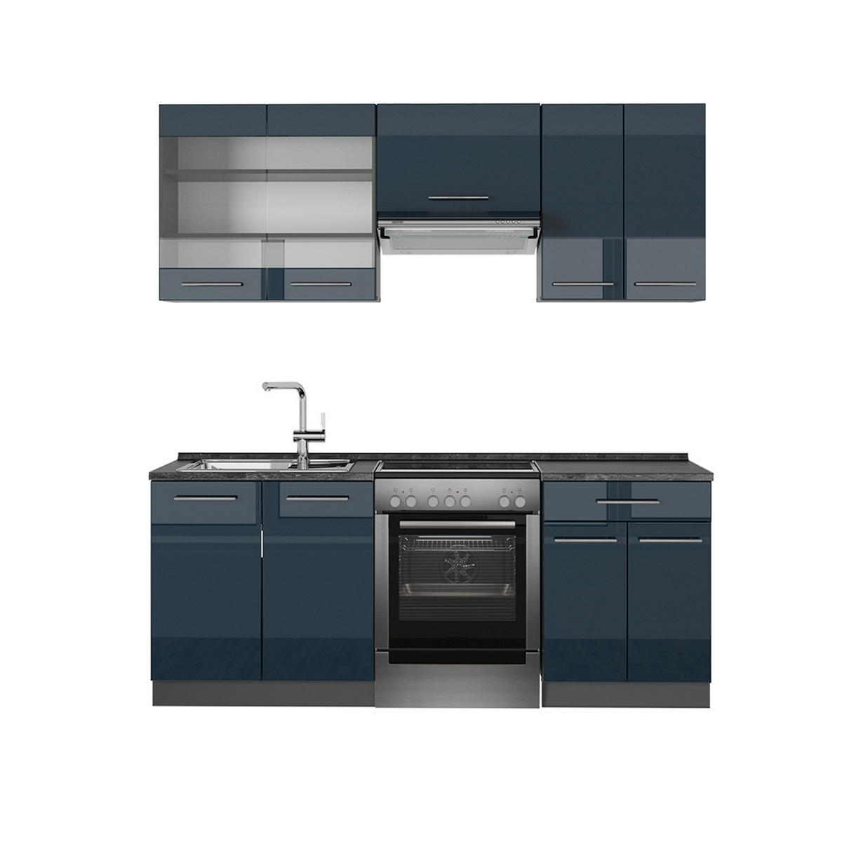 KÜCHENZEILE Fame-Line Dunkelblau Hochglanz 200 cm ohne AP - Anthrazit/Dunkelblau, Holzwerkstoff (200/81.6/46cm) - Vicco