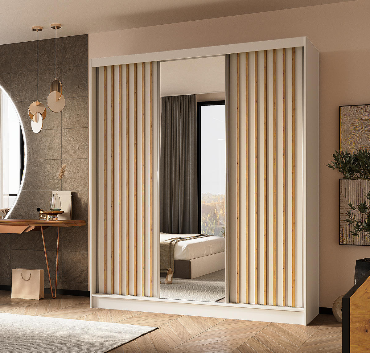 SCHWEBETÜRENSCHRANK Cabinio Weiß Eiche Artisan 180/216/61 cm – mit Spiegel und Lamellen - Walnussfarben/Weiß, Holzwerkstoff/Kunststoff (180/216/61cm) - AX Living