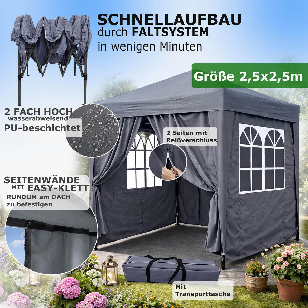 FALTPAVILLON 2,5x2,5m Smoky Grau - Grau, Metall (250/245/250cm) - QUICK STAR