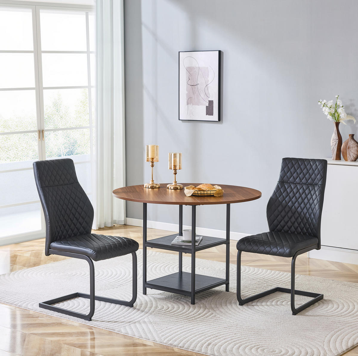 ESSTISCH-SET 3-tlg. rund 107 cm Schwarz/Walnussoptik - Schwarz, Metall (107/75/107cm) - Meubliv