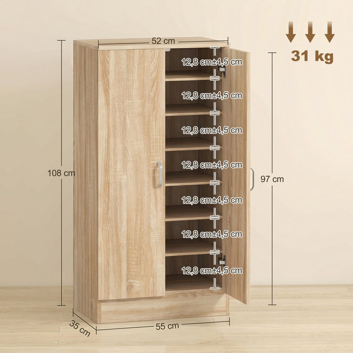 SCHUHSCHRANK Naturholz 55/35/108 cm - Naturfarben, Holzwerkstoff (55/108/35cm) - PANGIVO