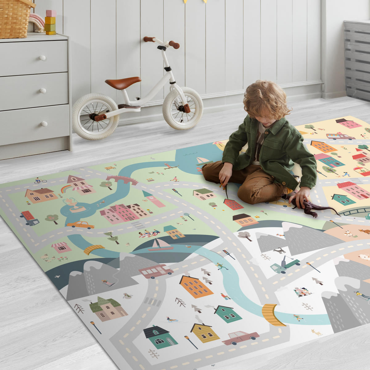 KINDERTEPPICH Jahreszeiten - Stadt - Häuser - Straße - Kinder - Auto 180x120 cm - Multicolor, Kunststoff (180/120cm) - MuchoWow
