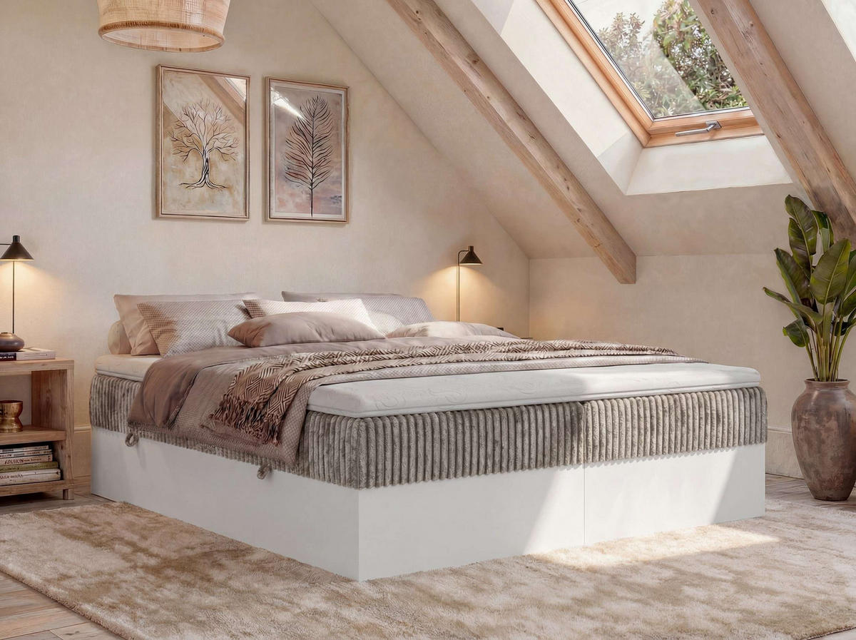 BOXSPRINGBETT TRAVIT ZERO 140/200 - Hellbraun Cord - Topper T25 - H3 - Hellbraun/Schwarz, Kunststoff/Textil (140/200cm) - MKS