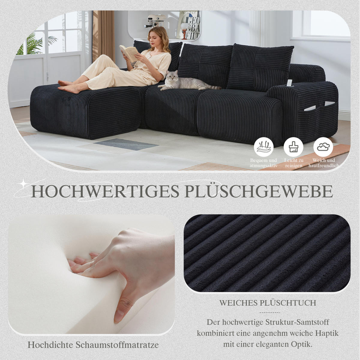 MODULARES 3-Sitzer Sofa Cordstoff mit Getränkehalter und Seitentasche 268/174/80 cm Schwarz - Schwarz, Textil (174/268cm) - Redom