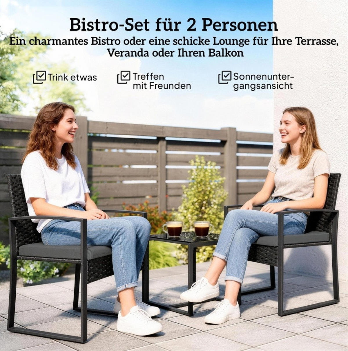 ZAHRADNÍ bistro set z oceli 55x58x76 cm tmavě šedý se 2 křesly, stolkem a odnímatelnými polštáři - tmavě šedá, kov - Modfu
