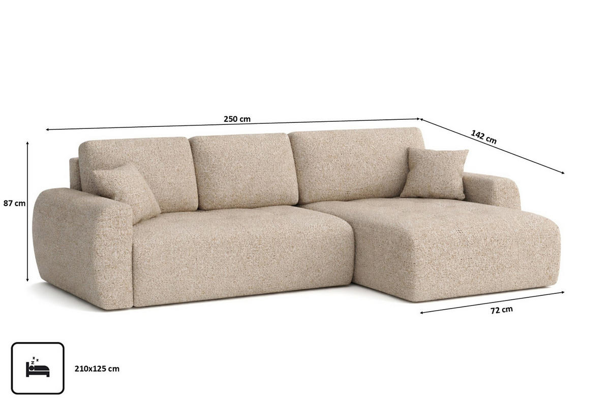 ECKSOFA Mit Schlaffunktion Und Bettkasten L-Form Ivo L, Chenille-Stoff Artico, Beige, Rechts - Sandfarben, Holz (250/142cm) - Kaiser Möbel