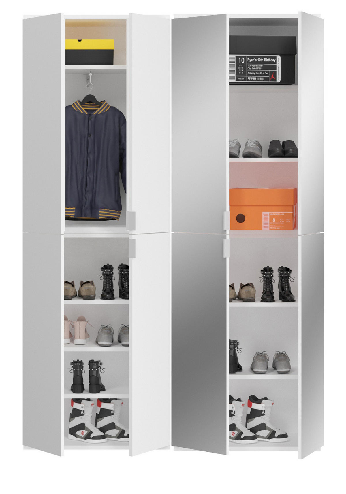 GARDEROBENSCHRANK weiß Hochglanz 212 cm, 21 Fächer, Schuhschrank - Chromfarben/Weiß Hochglanz, Holzwerkstoff/Metall (212/193/34cm) - Inn.Furn