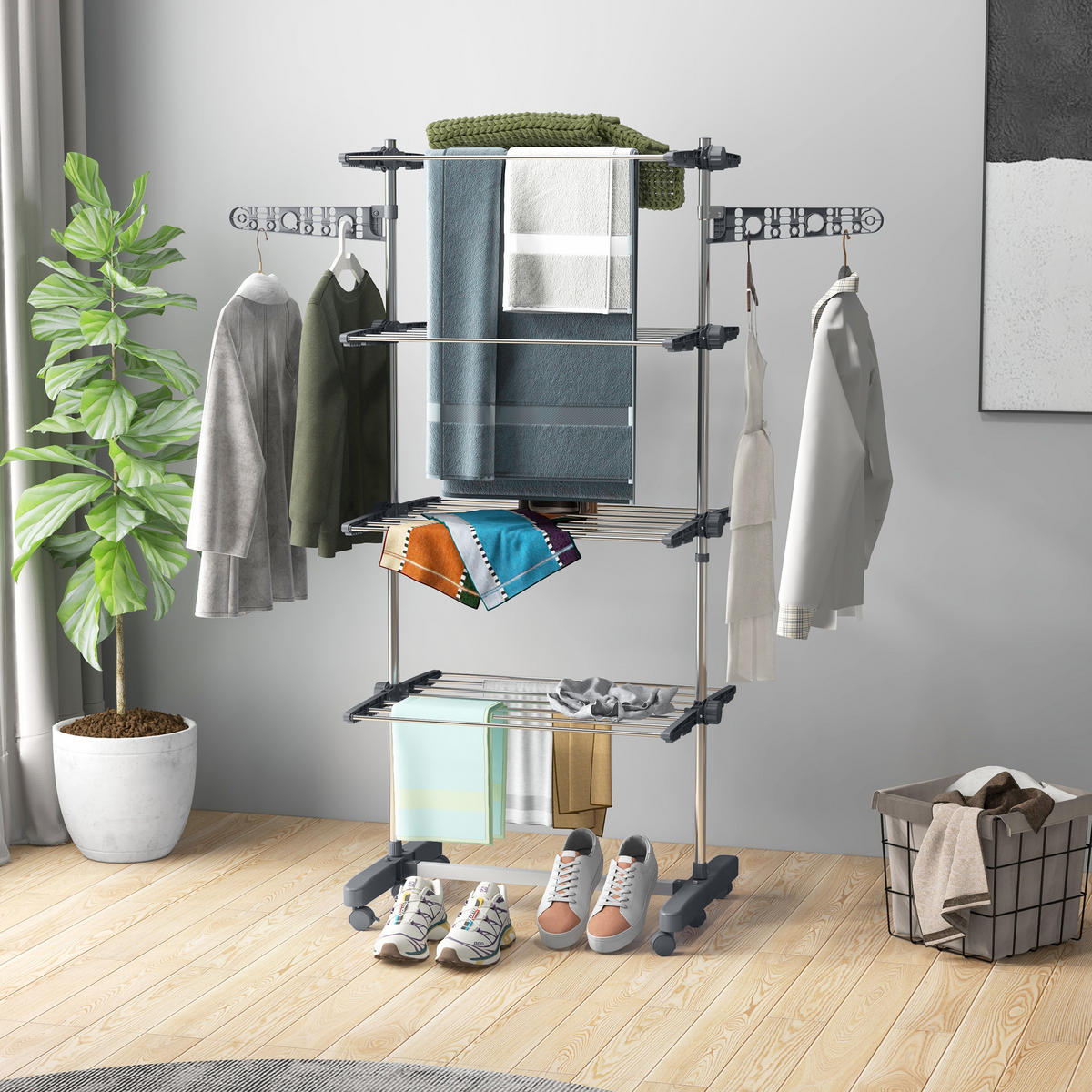 WÄSCHESTÄNDER DE-09793 5 Ebenen, klappbar mit 6 Rollen Grau+Silber - Grau, Metall (142/172/55cm) - ComfortXL