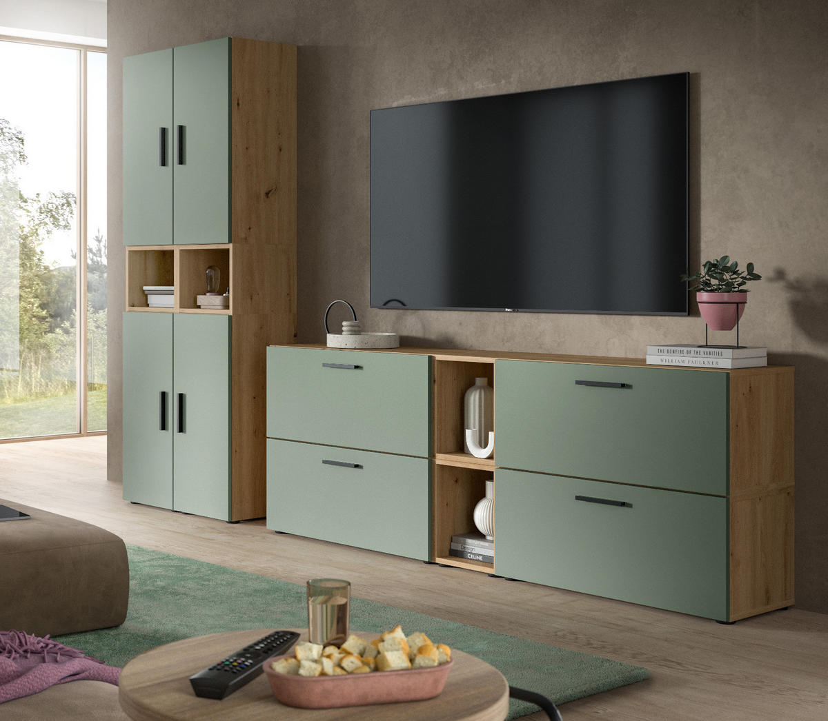 STAURAUMSCHRANK grün, Eiche Artisan 65 x 178 cm, Mehrzweckschrank mit viel Stauraum - Schwarz/Eiche Artisan, Holzwerkstoff/Kunststoff (65/178/34cm) - Inn.Furn