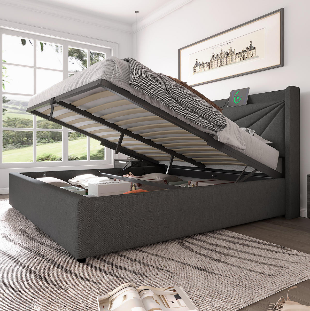 POLSTERBETT 160/200 cm mit Bettkasten, USB-C und gepolstertem Kopfteil - Grau, Textil (160/200cm) - BEAOK