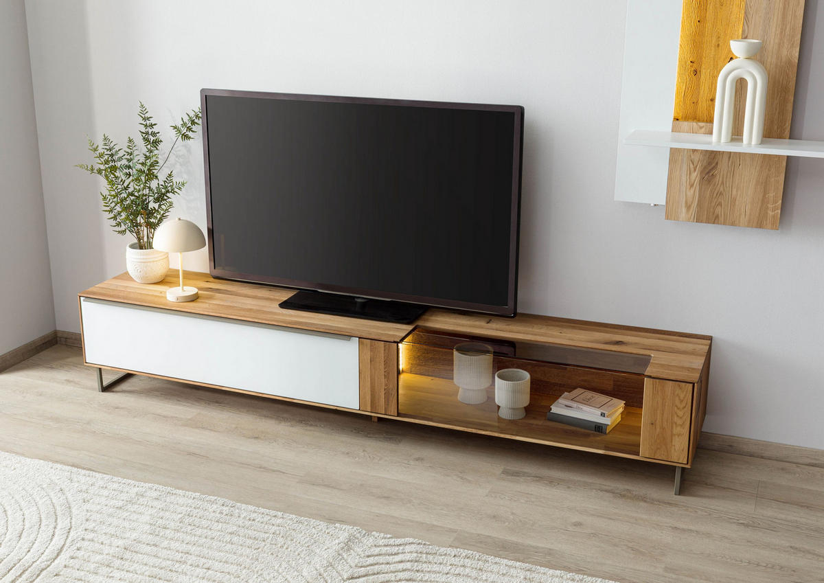 LOWBOARD Wildeiche 200x43x42 natur geölt / Glas weiß WIEN #114 - Naturfarben/Weiß, Holz (200/42/43cm) - Massivmoebel24