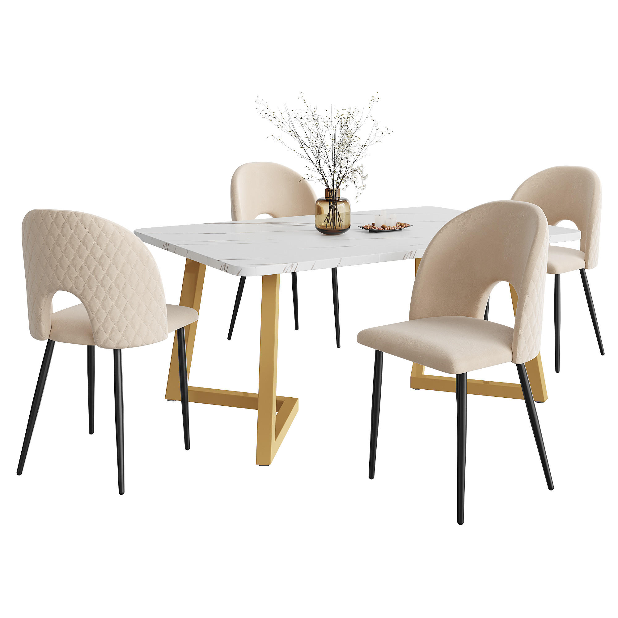ESSGRUPPE Esstisch 4 Stühle Samt Beige Gold 117x68cm - Beige, Textil (117/75/68cm) - FLIEKS