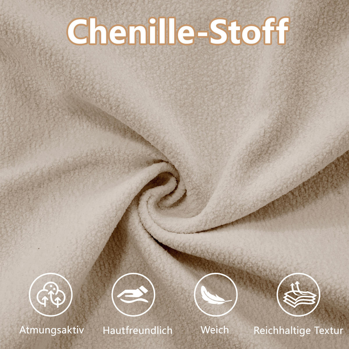 SOFA in Hellbraun aus Chenille mit 2 Ottomans und Kissen - Cappuccino, Textil (145/81/220cm) - Flora Grace