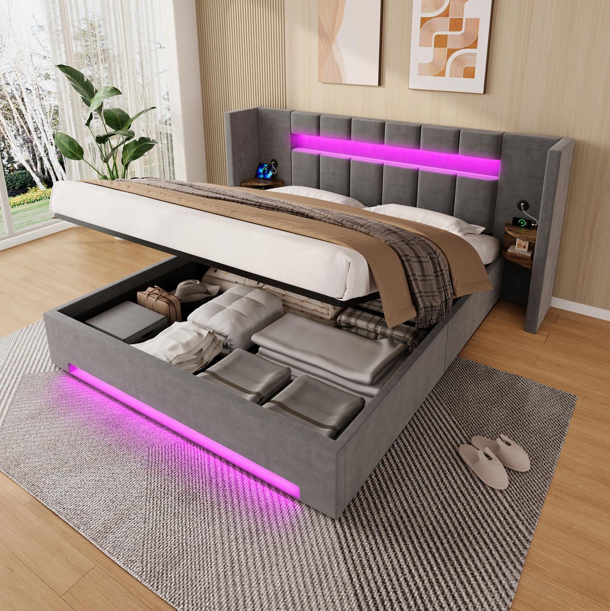 POLSTERBETT 180/200 cm mit USB-Anschlüssen, LED-Beleuchtung, Hydraulik und Stauraum, Dunkelgrau - Dunkelgrau, Textil (180/200cm) - Redom