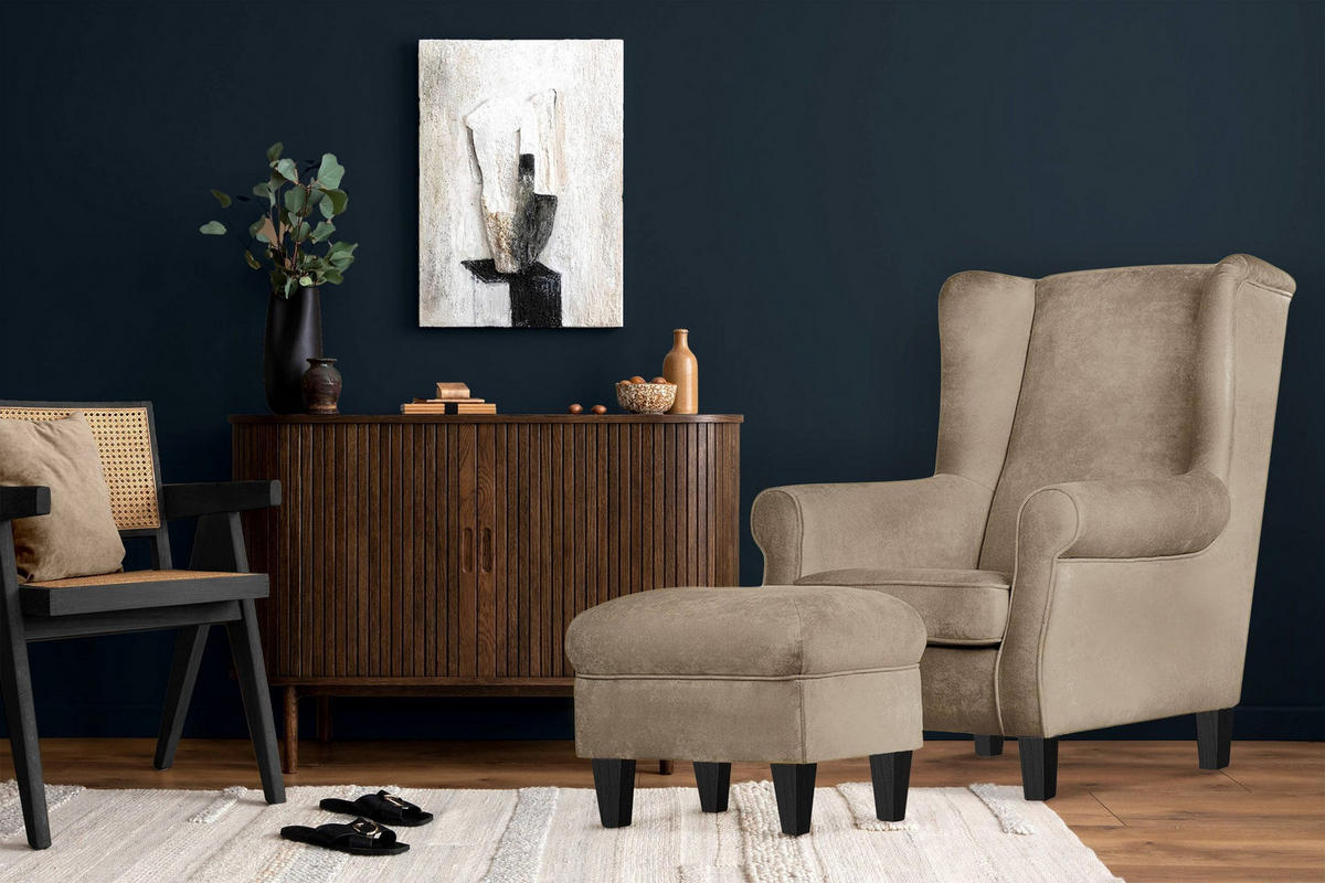 SITZHOCKER MILES Pouffe, Beige - Beige/Schwarz, Holz/Textil (55/42/40cm) - KONSIMO®