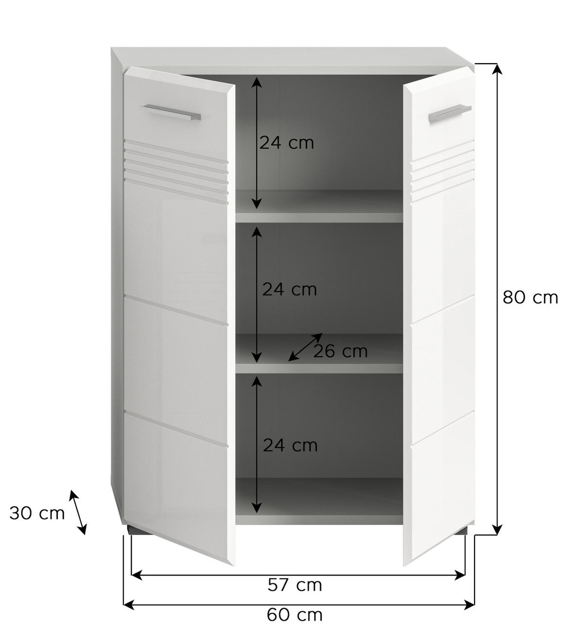 MIDISCHRANK weiß Hochglanz, grau 60 cm, Badschrank mit Soft-Close - Weiß Hochglanz/Silberfarben, Holzwerkstoff/Kunststoff (60/80/30cm) - Inn.Furn