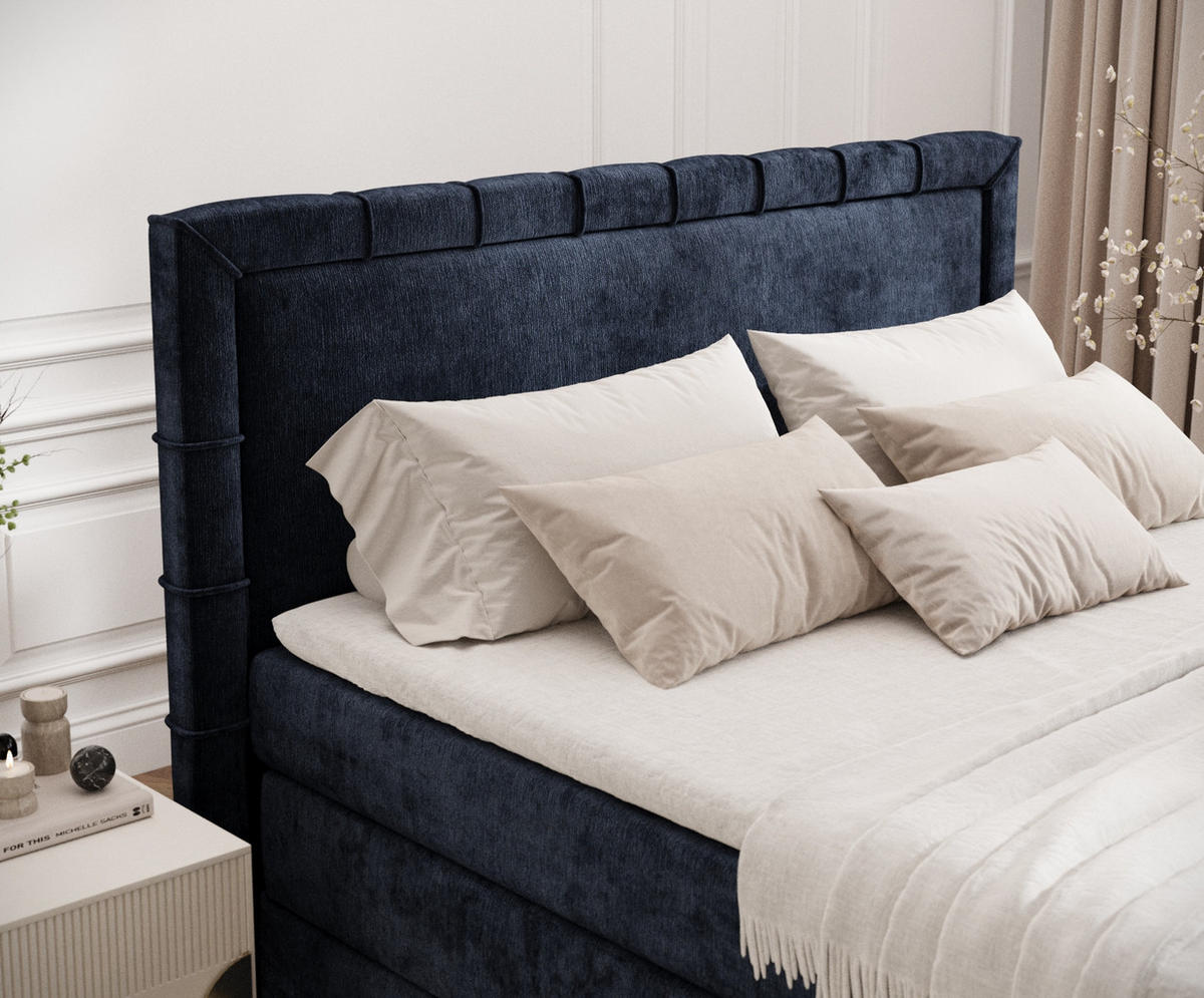 BOXBETT Estelle Marineblau 180/200 cm im Chenille-Stoff - Schwarz/Dunkelblau, Holz/Holzwerkstoff (180/200cm) - Maison de Reve
