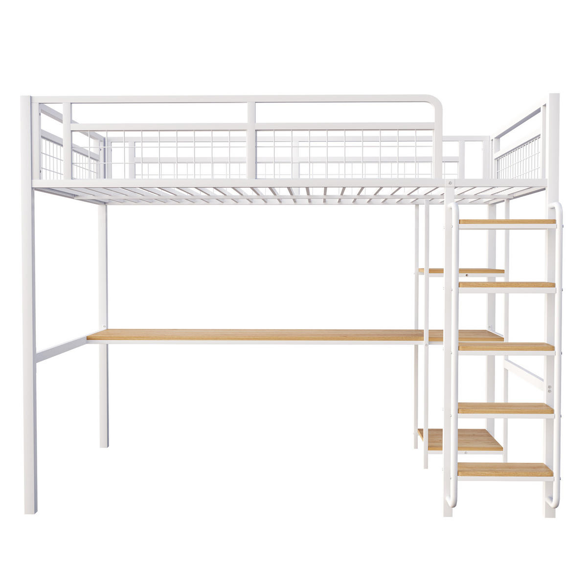 VYSOKÁ postel 140 / 200 cm bílá s psacím stolem a policemi z kovu - bílá, kov (140/200cm) - OKWISH