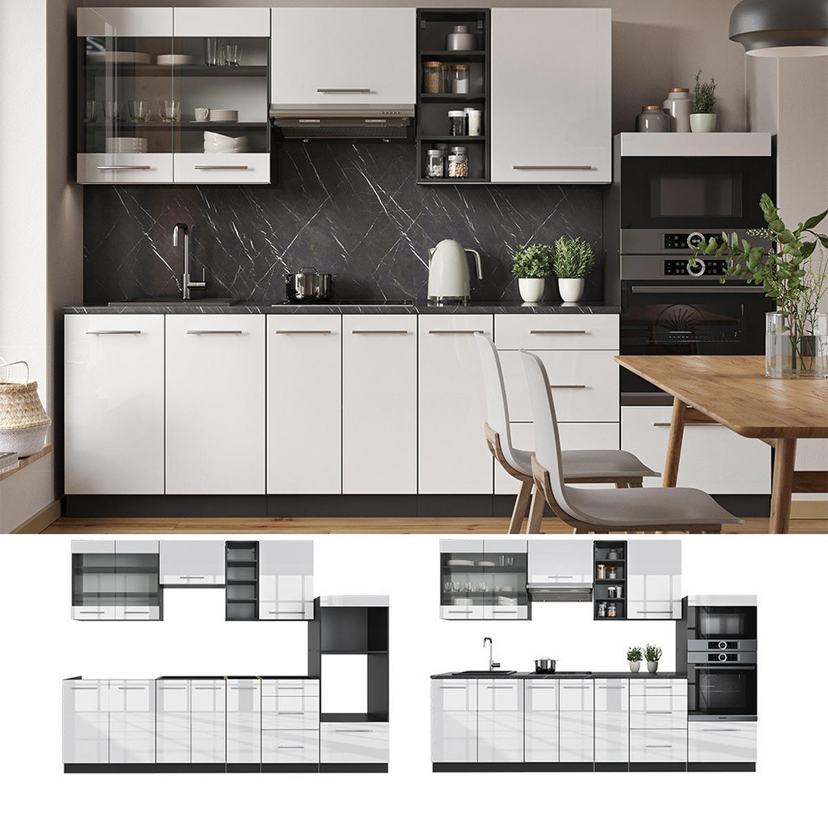 KUCHYNSKÝ KÚT Fame-Line Biely vysoký lesk/antracit 280 cm , AP Oak - biela s vysokým leskom/antracitová, kompozitné drevo (280/153.6/60cm) - Vicco
