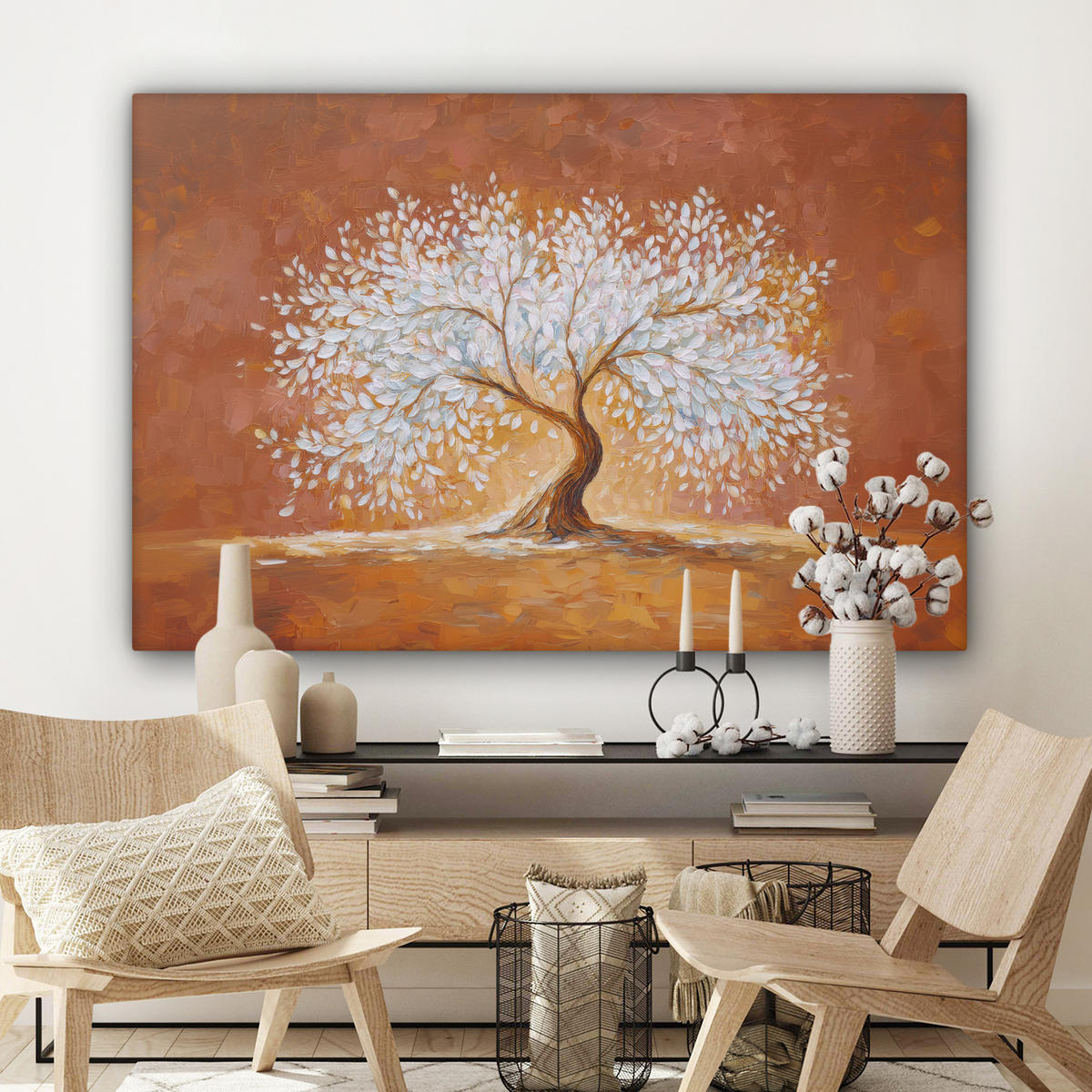 LEINWANDBILD Abstrakt - Baum - Weiß - Blätter XXL 150x100 cm - Braun, Textil (150/100cm) - MuchoWow