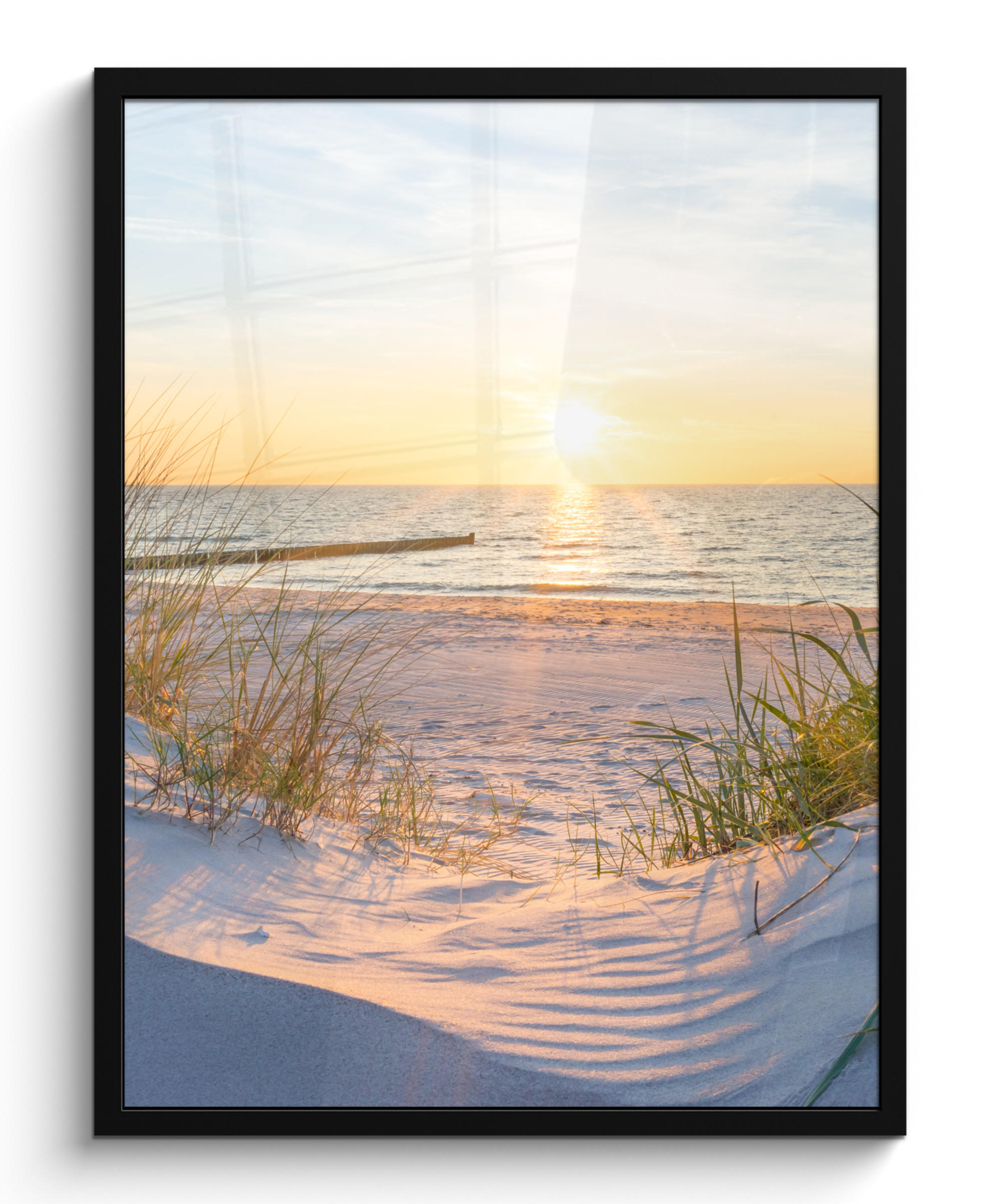 GERAHMTES BILD Strand - Sonne - Düne - Gras - Sand - Horizont 60x80 cm - Hellblau, Papier (60/80cm) - MuchoWow