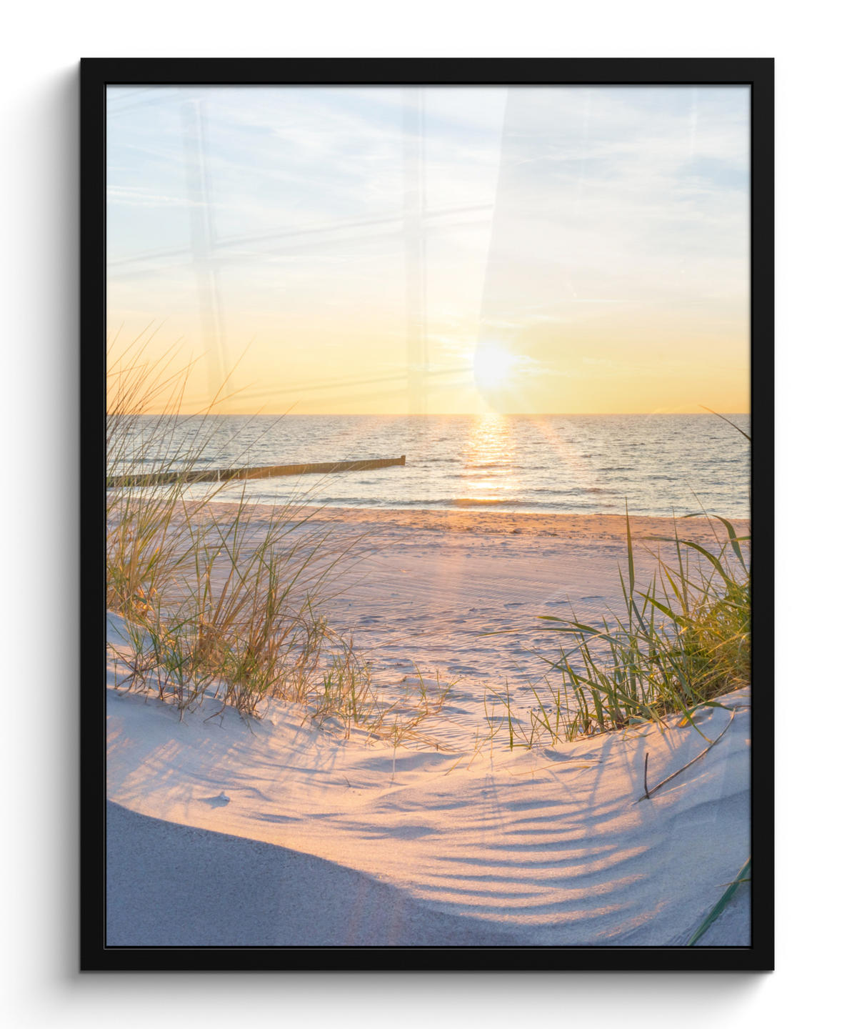GERAHMTES BILD Strand - Sonne - Düne - Gras - Sand - Horizont 60x80 cm - Hellblau, Papier (60/80cm) - MuchoWow