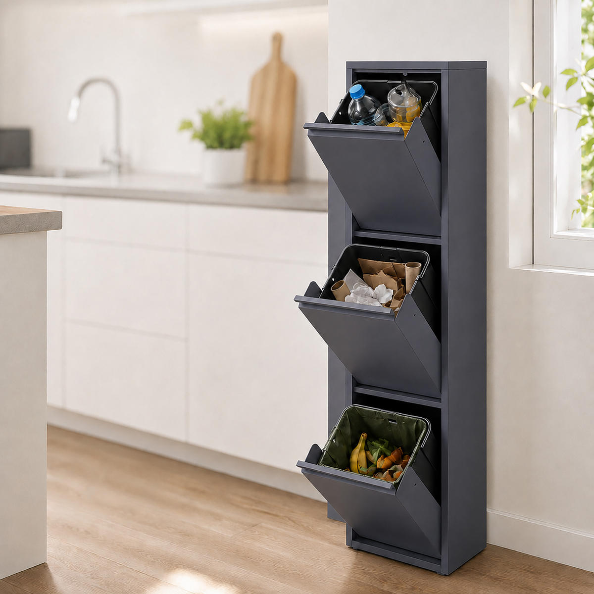 MÜLLEIMER Anthrazit 3 Fächer 3x18 l Stahl - Anthrazit, Kunststoff/Metall (32/132/25cm) - Relaxdays