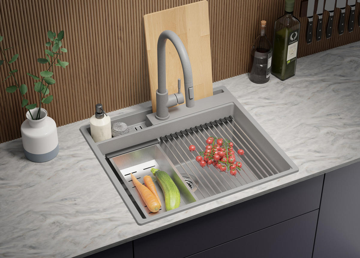 GRANITSPÜLE Oslo Pocket, 2-er set Grau 58/53 cm 1 Becken + Küchenarmatur 38/14 cm + Ablauf-Set + Küchenzubehörset ab 60er Unterschrank - Chromfarben/Beige, Kunststoff (58/20/53cm) - Primagran