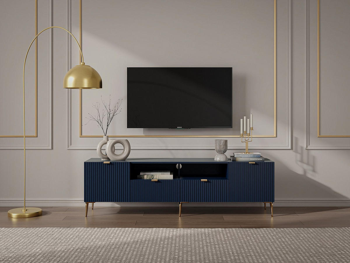 TV-MÖBEL mit 2 Türen, 2 Schubladen & 2 Ablagefächern - MDF & Stahl - Blau & Goldfarben - YESINIA - Blau, Holz (190/55/45cm) - Vente-Unique