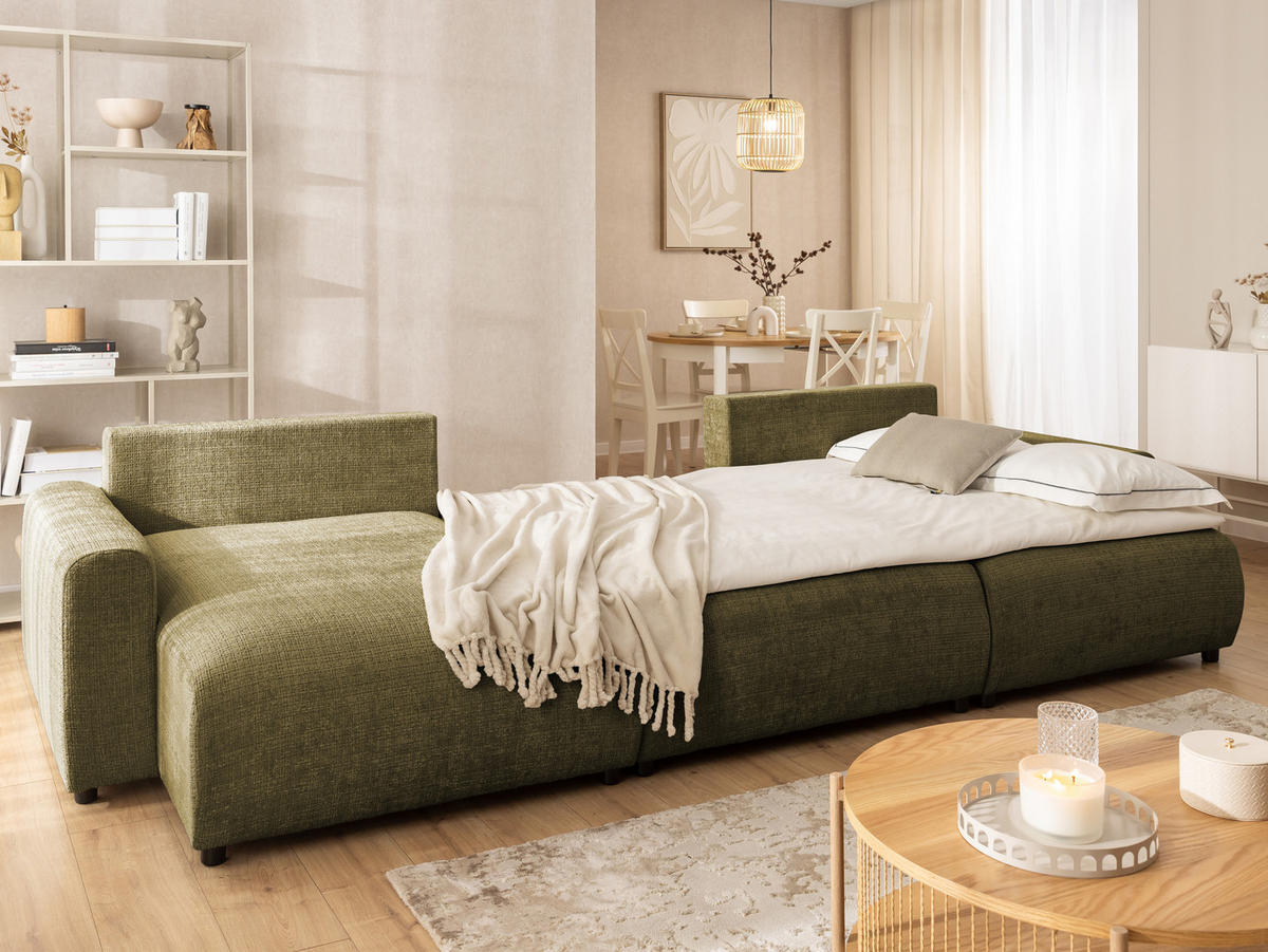 WOHNLANDSCHAFT Calma mit Schlaffunktion und Bettkasten im Bumpy-Design aus weichem Grün Chenille-Stoff - Schwarz/Grün, Holz/Kunststoff (336/88/140cm) - S-Style Möbel