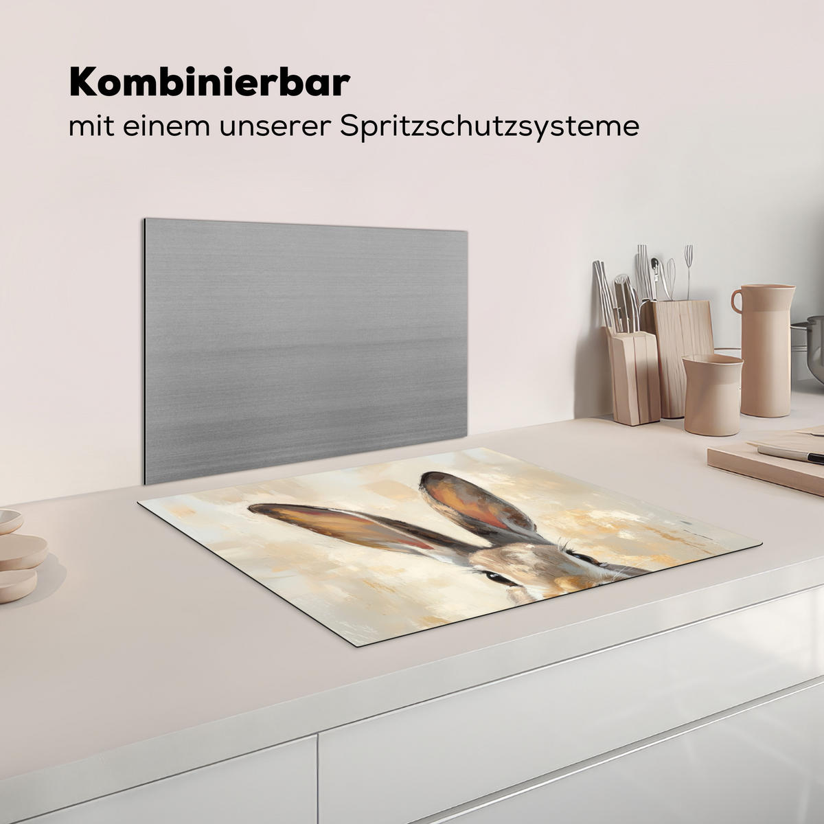 HERDABDECKPLATTE Hase - Ohren - Braun Herdabdeckung Induktionsfeld 65x52 cm - Beige, Kunststoff (65/52/0.2cm) - MuchoWow