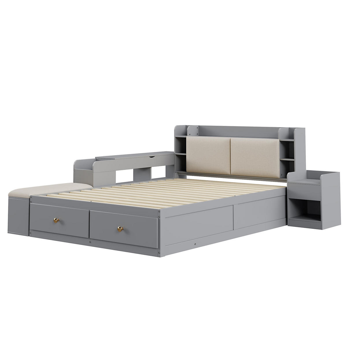 BETT mit Kopfteil 140/200 cm in Grau – mit Stauraum, Sideboard und inkl. Lattenrost - Grau, Holz (140/200cm) - BEAOK