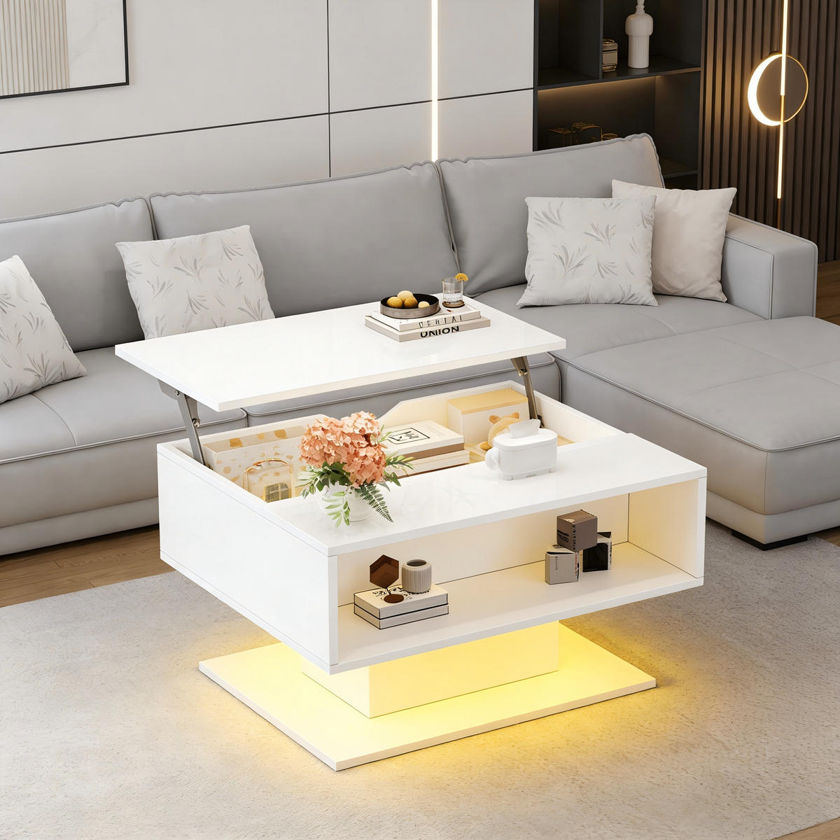 COUCHTISCH 80/75/40 cm weiß aus Spanplatte mit Hubfunktion und LED-Beleuchtung - Weiß, Holzwerkstoff (80/75/40cm) - OKWISH