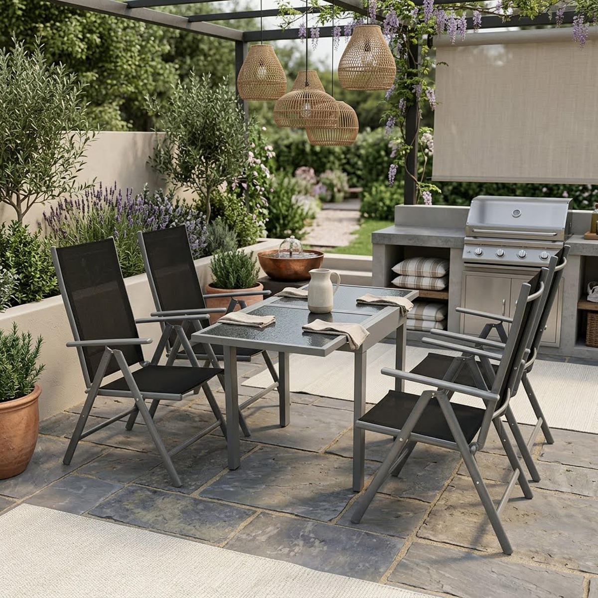 GARTEN-GARNITUR Ashford - 5-teilige Garten-Essgruppe (4x Klappsessel mit Armlehnen, 1x Auszieh-Tisch 65/130x65cm), Gestell Aluminium - Schwarz, Metall - TPFGarden