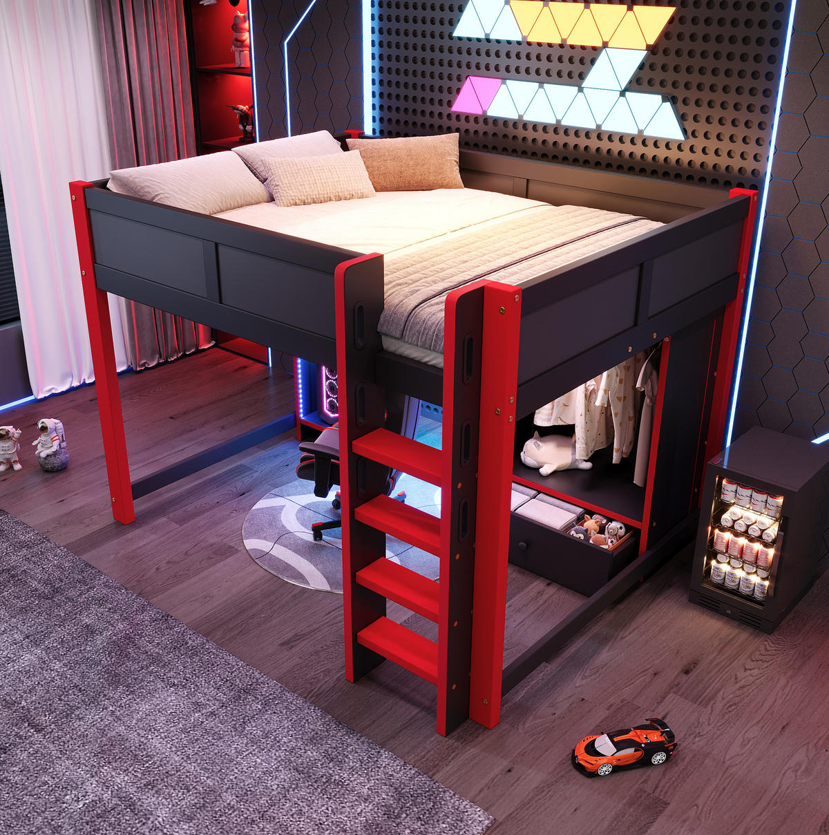 HOCHBETT 140/200 cm schwarz/rot mit Schreibtisch und Kleiderschrank - Schwarz, Holz (140/200cm) - MIVRAY