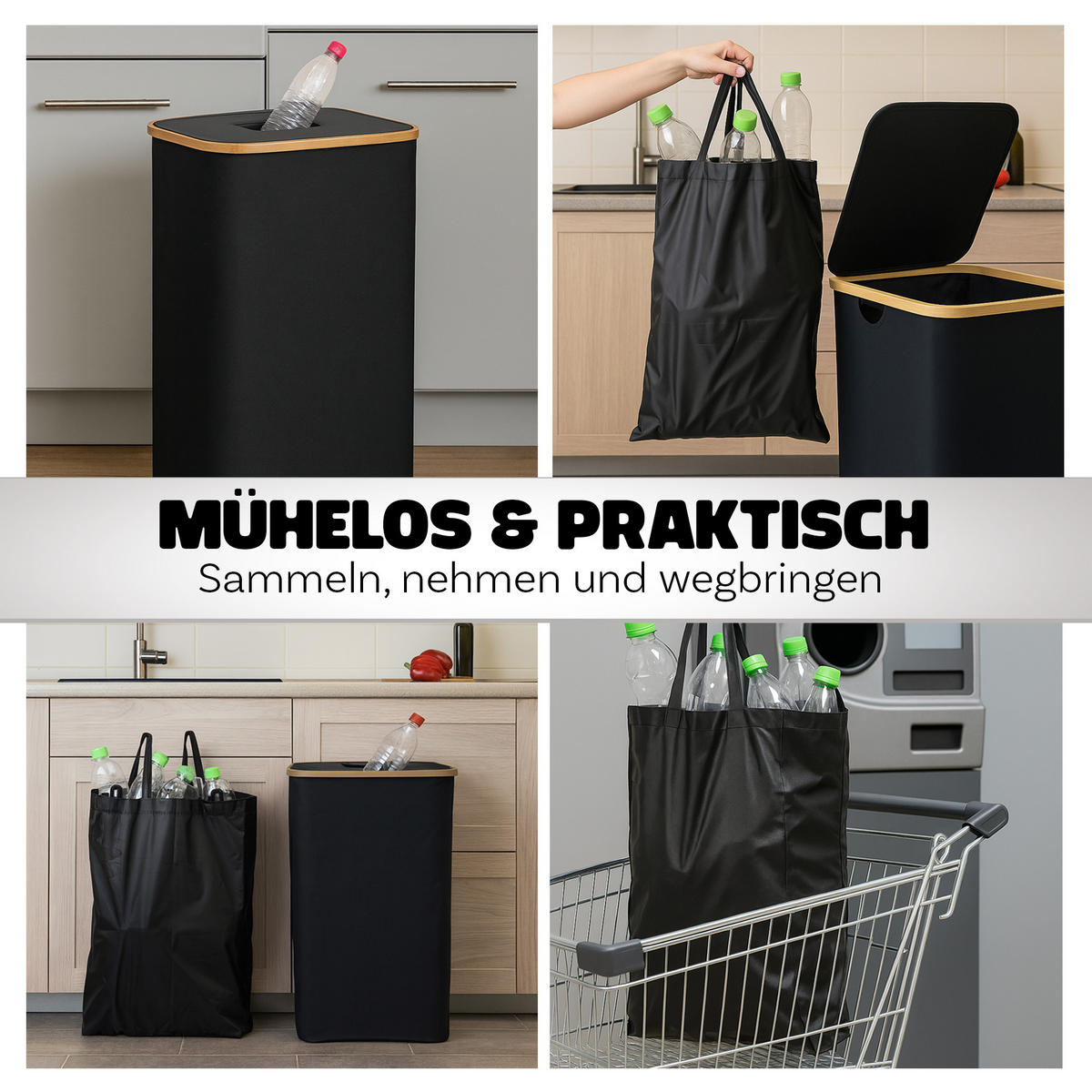 PET-FLASCHEN Sammelbehälter 100L - Schwarz, Textil (44/70/33cm) - Bestlivings