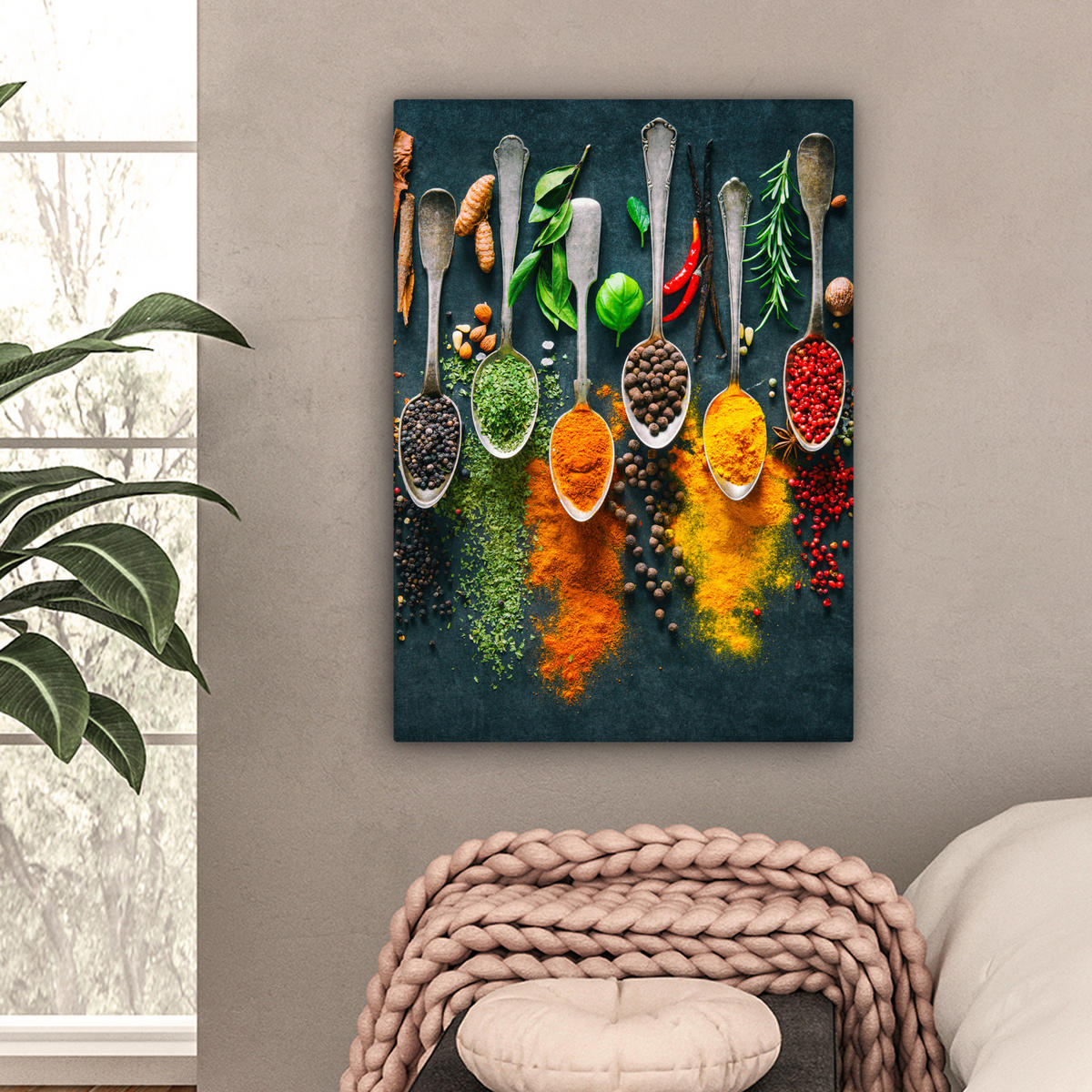 LEINWANDBILD Kräuter - Gewürze - Löffel Wandbild Wohnzimmer 60x80 cm - Currygelb, Textil (60/80cm) - MuchoWow