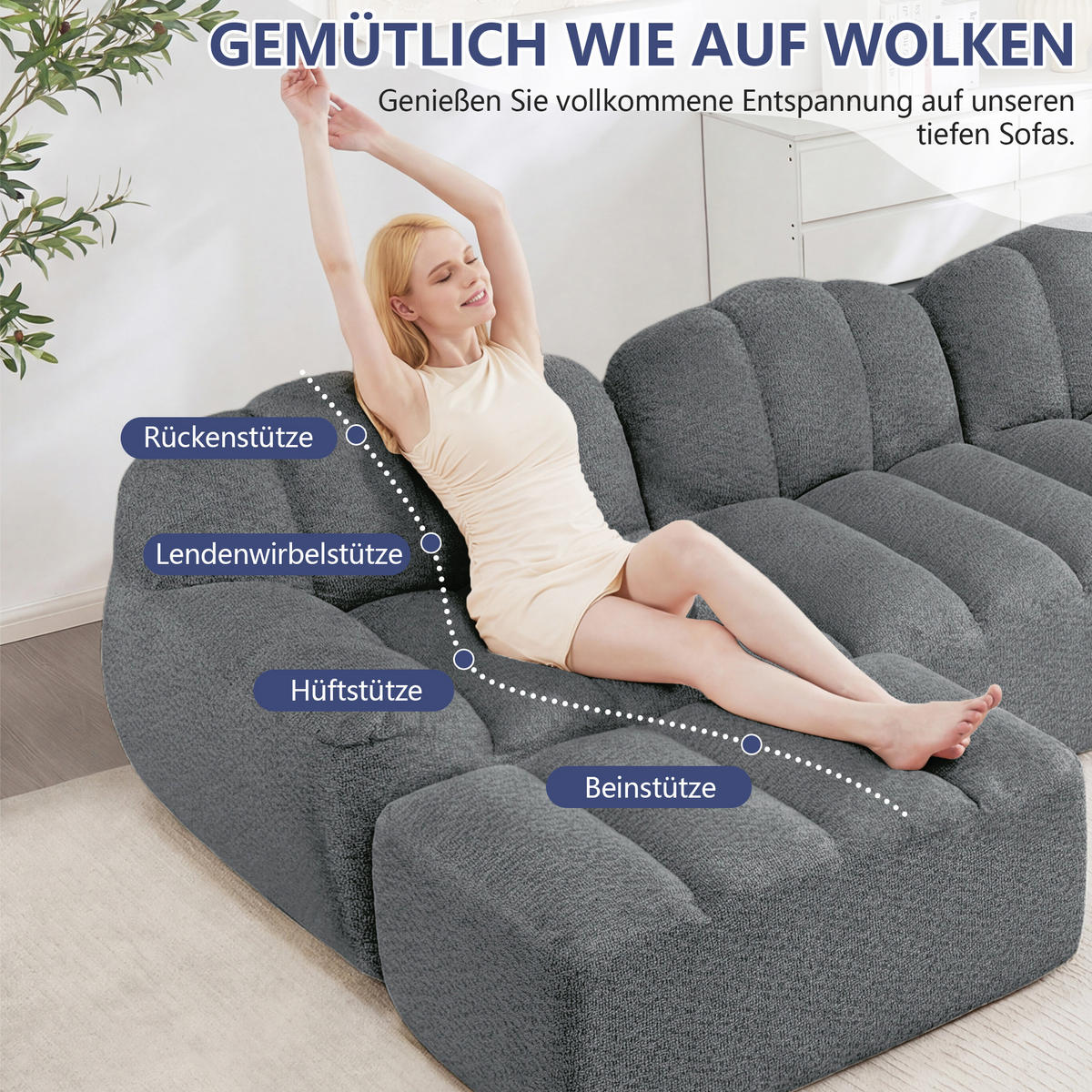 4-SITZER Sofa 366x165x79 cm aus granuliertem Fleece rahmenlos modular mit Ottoman, grau - Grau, Textil (165/79/366cm)