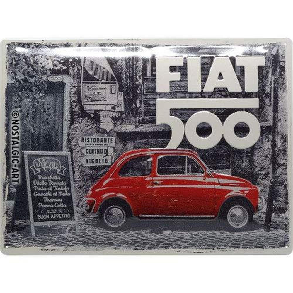 BLECHSCHILD 30/40 cm Fiat 500 Red Car in the Street - Multicolor, Metall (40/30/0.2cm) - Nostalgic-Art