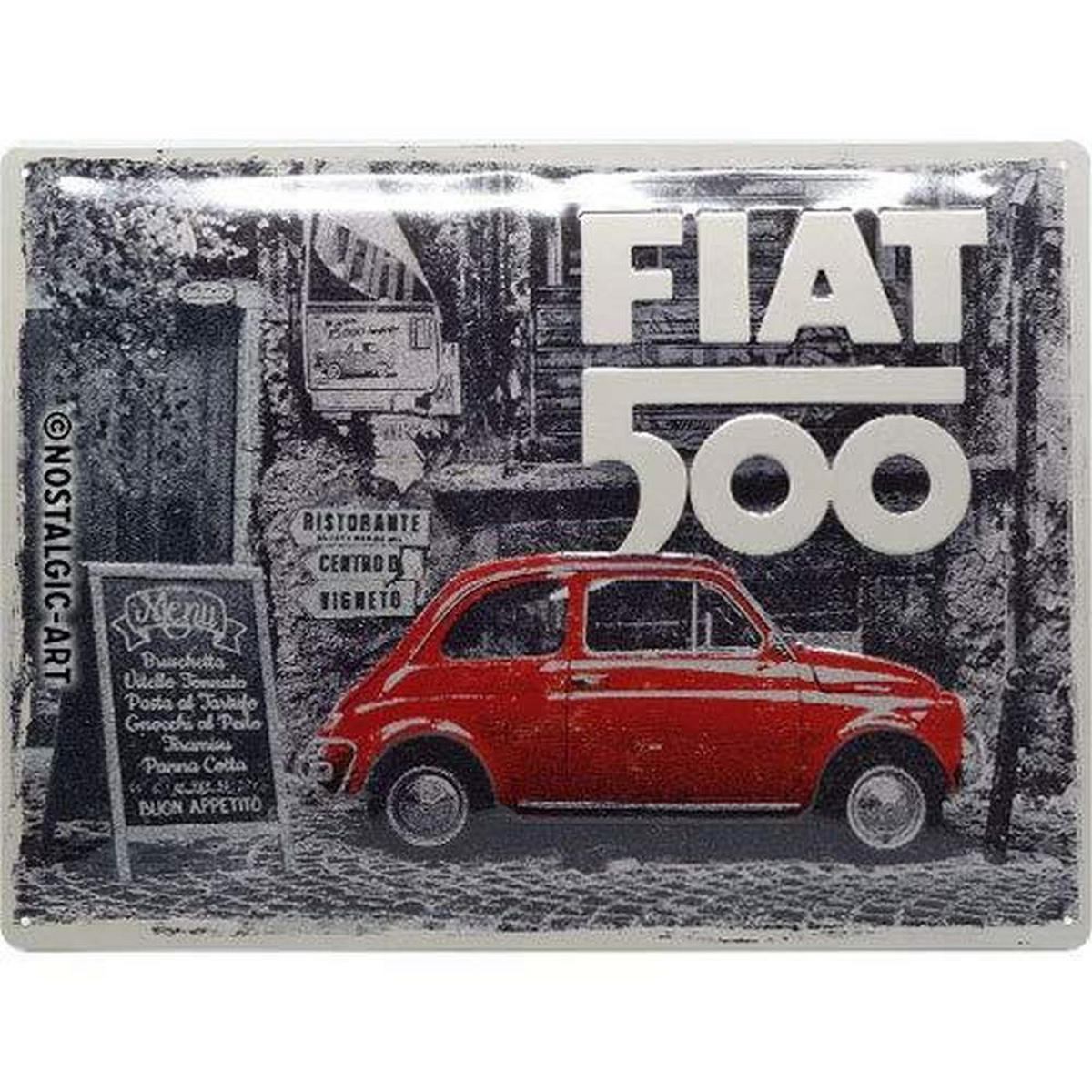 BLECHSCHILD 30/40 cm Fiat 500 Red Car in the Street - Multicolor, Metall (40/30/0.2cm) - Nostalgic-Art