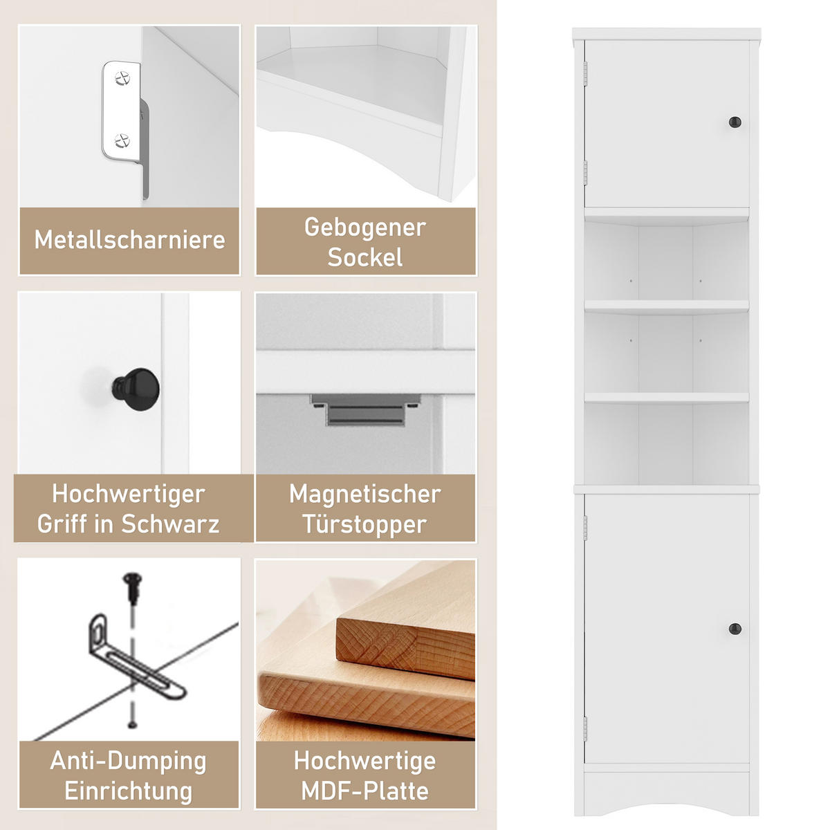 BADEZIMMERSCHRANK 36.5x24.5x170cm in Weiß, feuchtigkeitsbeständig mit 2 Türen - Weiß, Holzwerkstoff (24.5/170/36.5cm) - Modfu