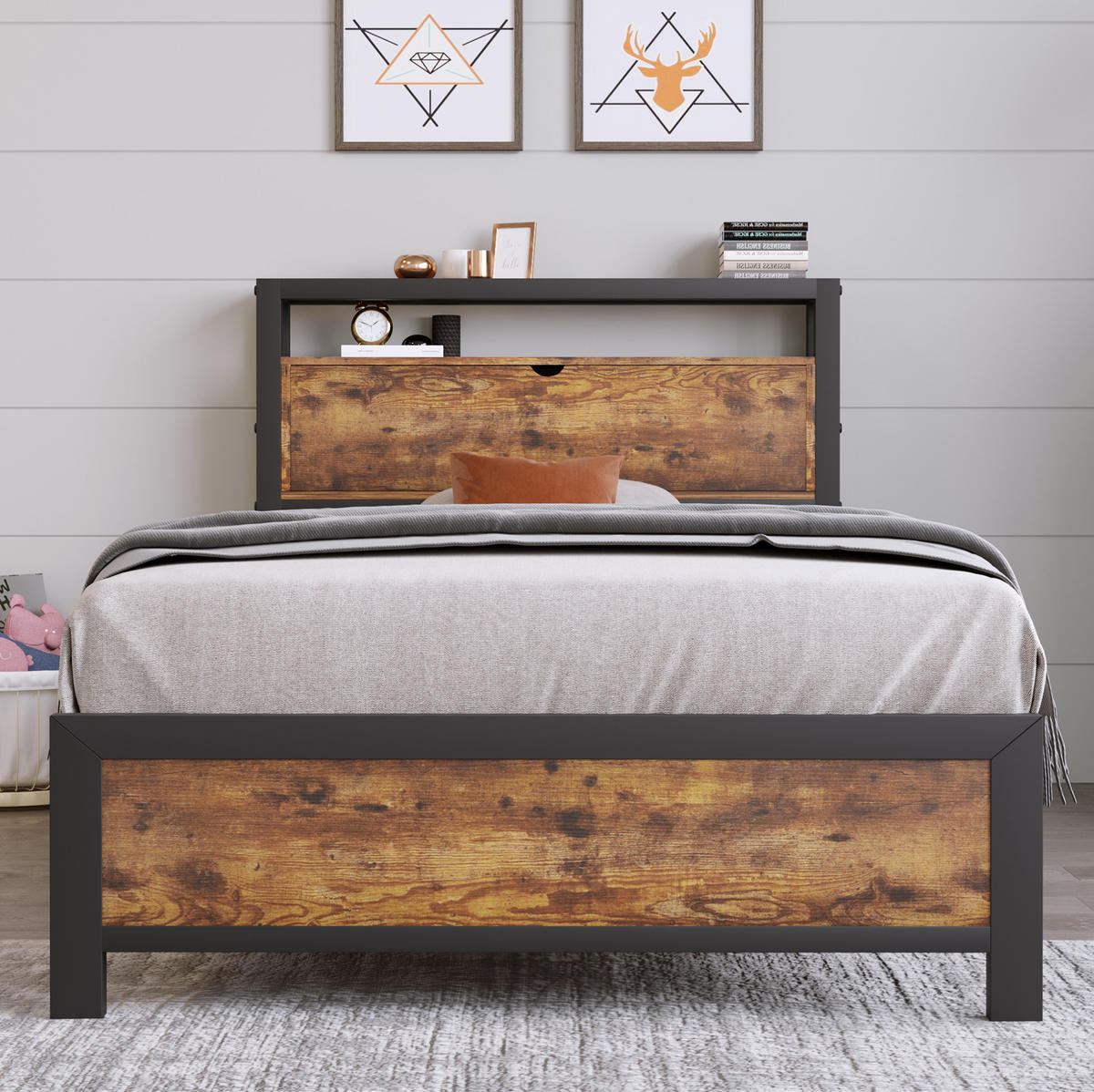 METALLBETT aus Metall und Holz 90x200 cm in Natur mit Stauraum-Kopfteil - Naturfarben, Metall (90/200cm) - Modfu