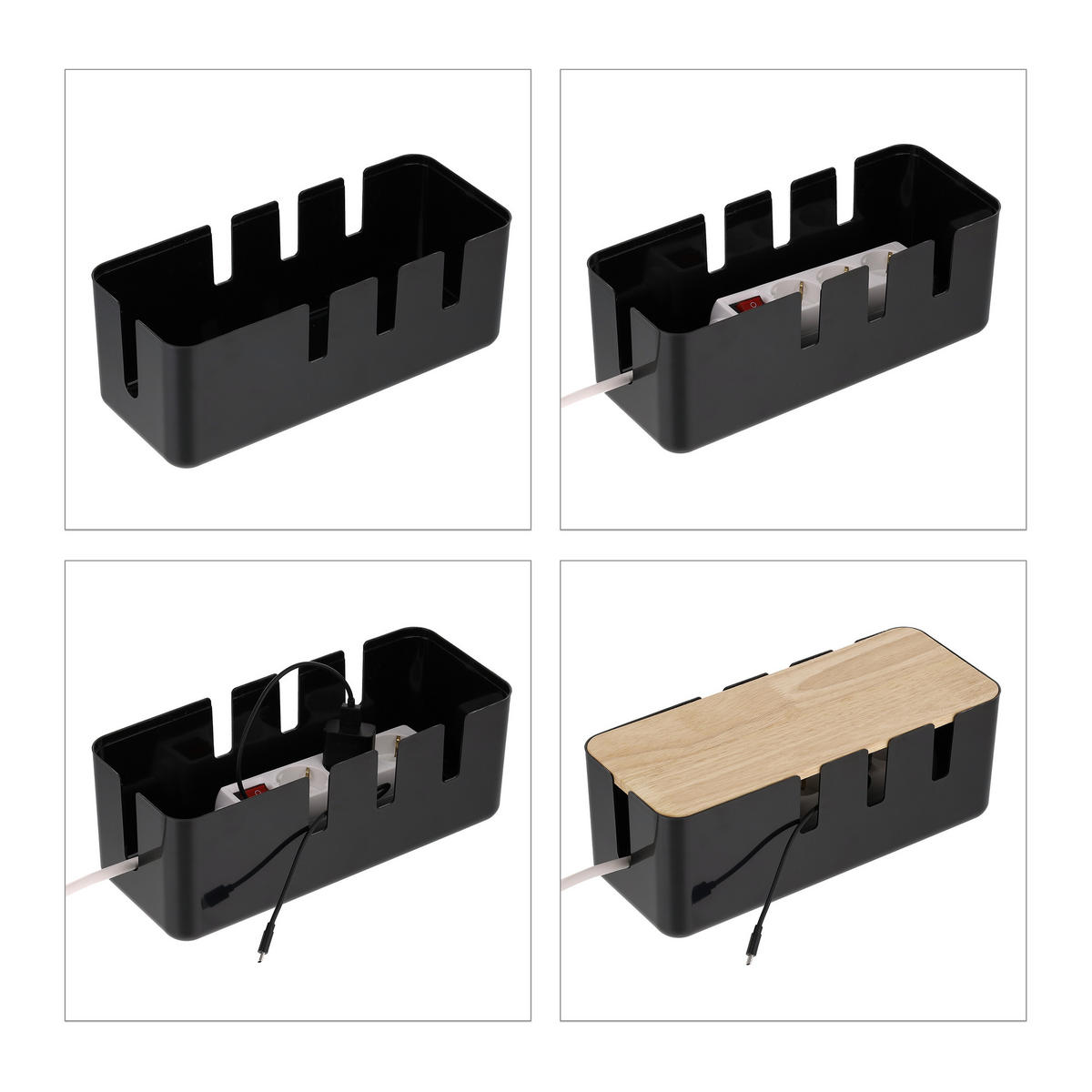 KABELBOX - Schwarz, Holz/Kunststoff (12.5/30.5/11.5cm) - Relaxdays