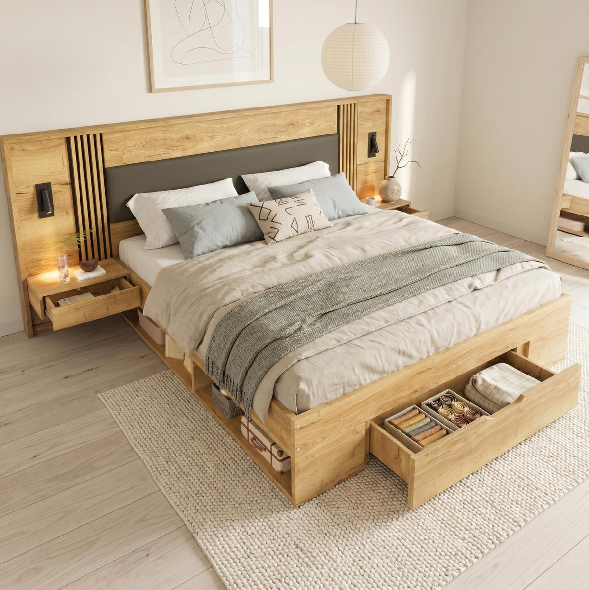 DOPPELBETT 160/200 cm mit 5 Staufächern, 2 Nachttischen, Leselampen und gepolstertem Kopfteil aus MDF, Natur - Naturfarben, Holzwerkstoff (160/200cm) - Redom