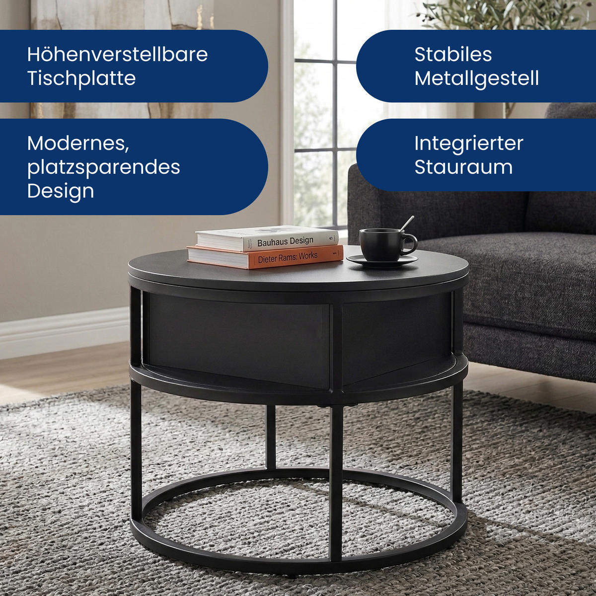 COUCHTISCH mit Klappdeckel in Schwarz - Schwarz, Metall (60/60/48cm) - Home Collective