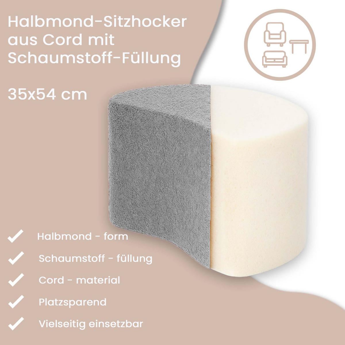 SITZSACK Halbmond 54/36/35 cm, weicher Bouclé 315 g/m², Hellgrau - Hellgrau, Textil (36/35/54cm) - Dreamroots