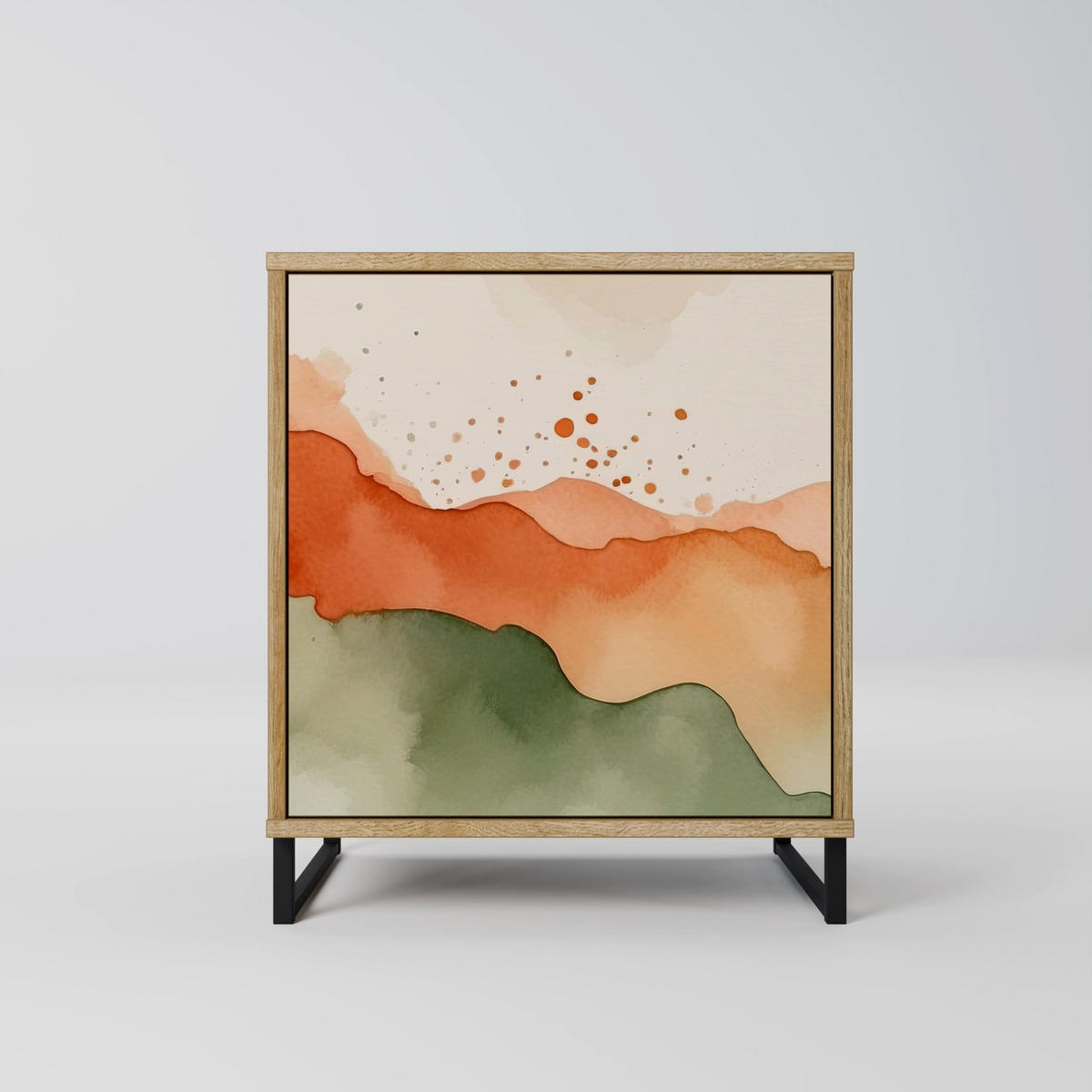 SIDEBOARD WATERCOLOUR PEAKS, Eichefarben, 57,5x42x70,5 cm, Schwarze Metall-Sternfüße - Eichefarben/Multicolor, Holzwerkstoff/Metall (57.5/70.5/42cm) - SpaceRebels